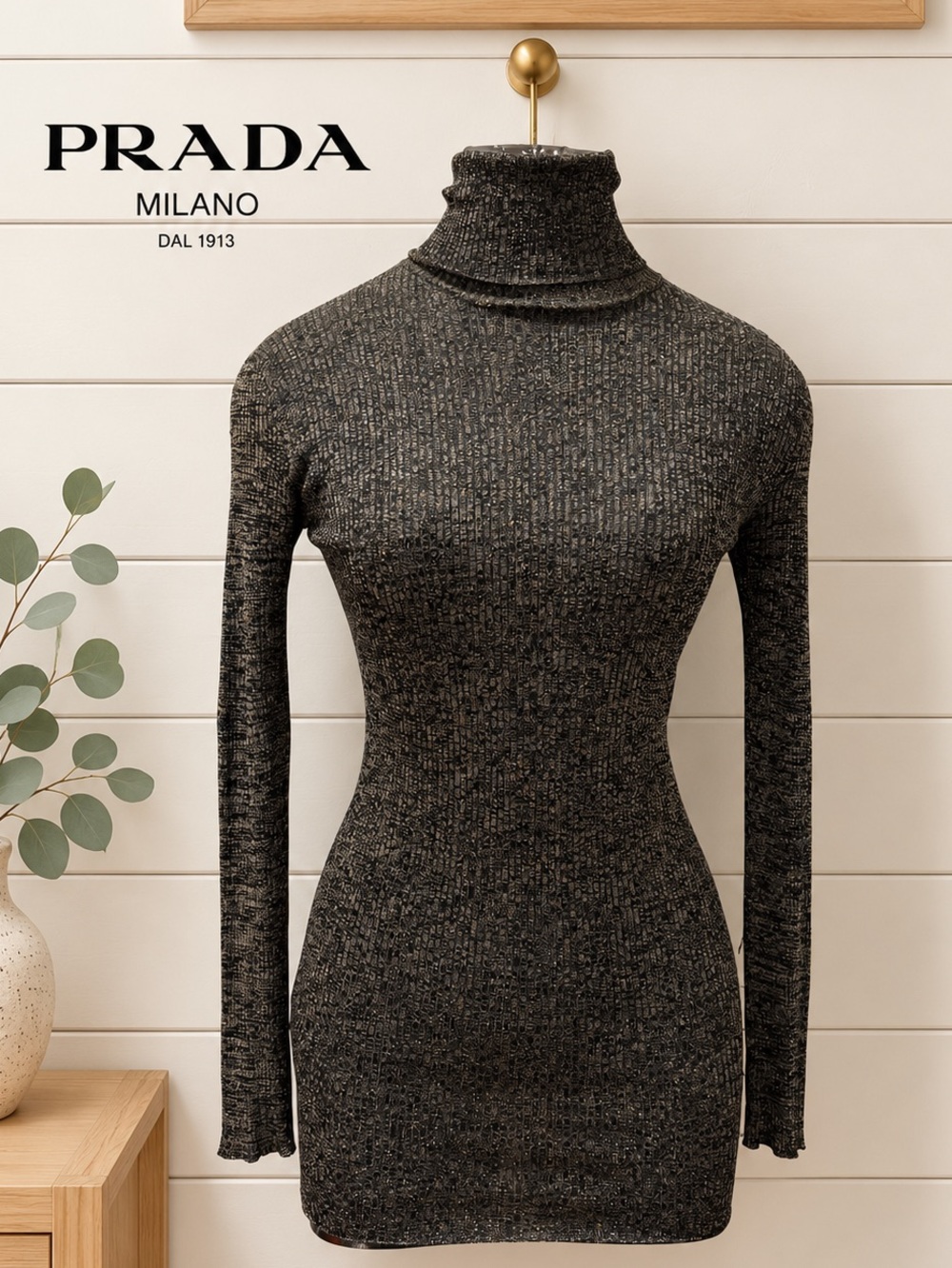 PRADA MILANO – Metallic Ribbed Long Turtleneck Sweater – Size 40